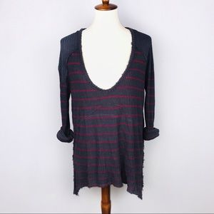 Free People Raw Hem Striped Pullover V Neck Long Sweater Size Small